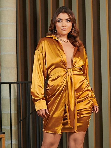 

plus solid drop shoulder twist ruched satin dress g1ng#, Black