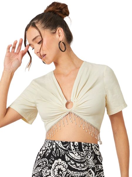 

o-ring detail rhinestone fringe trim crop tee c3gy#, White