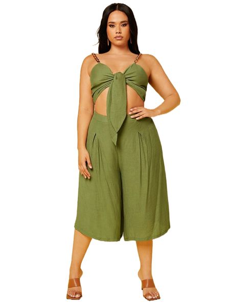 

plus chain detail knot front cami & wide leg capri pants k3c9#, Black