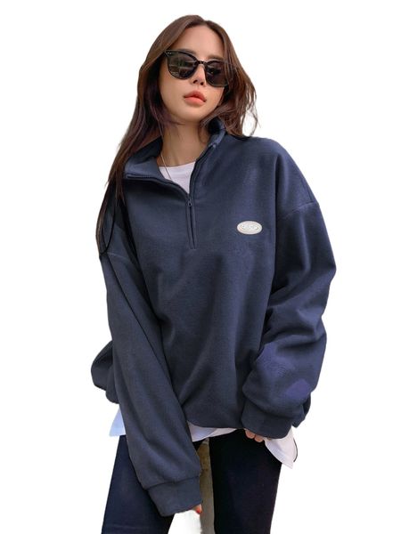 

dazy patched detail drawstring hem drop shoulder fleece pullover p9ua#, Black