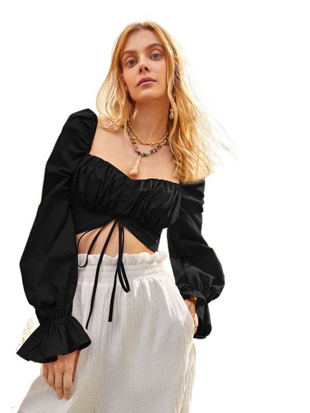 

ruched bust tie front bell sleeve f2yi#, White