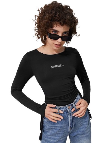 

letter graphic drawstring side bodysuit n2d7#, White