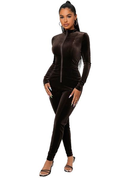 

sxy mock neck zipper velvet unitard jumpsuit v85r#, Black;white