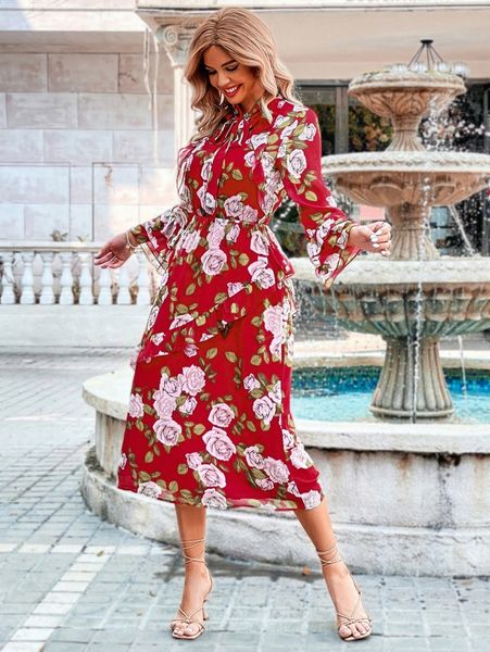 

floral print layered sleeve backless dress e1qg#, Black;gray