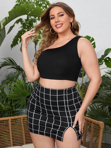 

plus one shoulder crop with plaid split hem skirt i8rp#, Black
