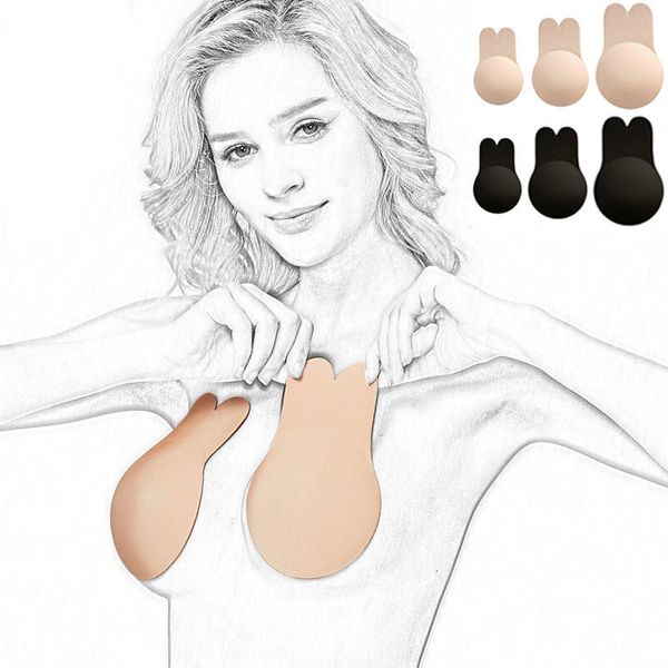 Adesivos de tampa do mamilo de silicone Rabbit Bra Game adulto Push Up Toys Sexy For Woman Invisible Strapless Lingerie Black