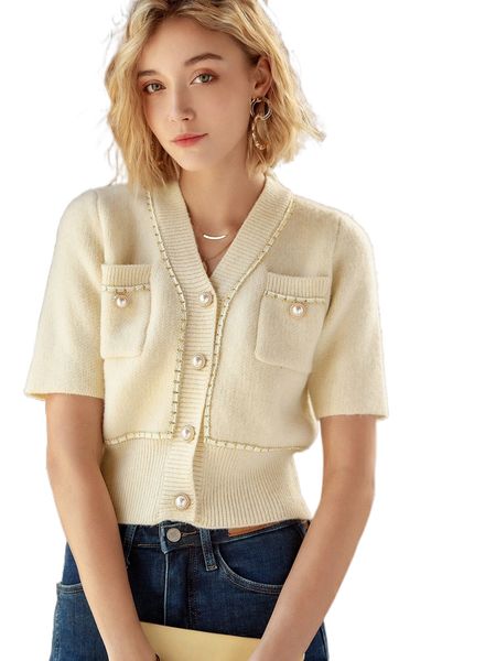 

knit mix p.ocket patched contrast trim c.ardigan y824#, White;black