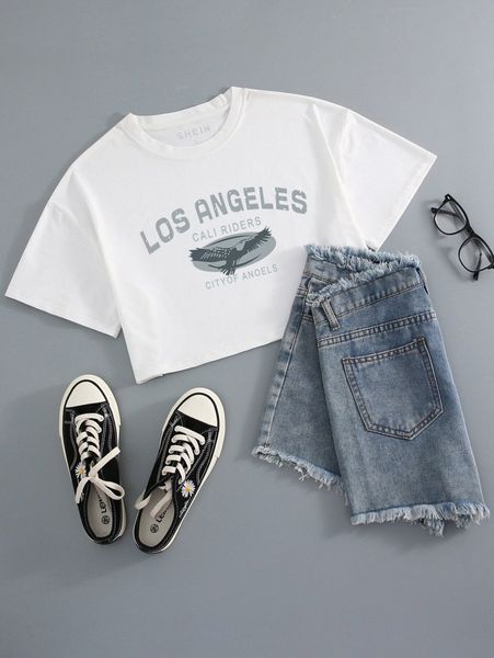 

eagle & letter graphic crop tee j26s#, White