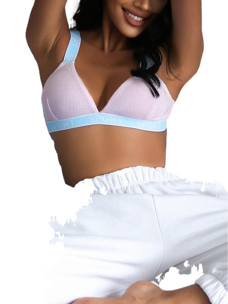 

contrast letter tape waffle knit wireless bralette g7mt#, Black;red