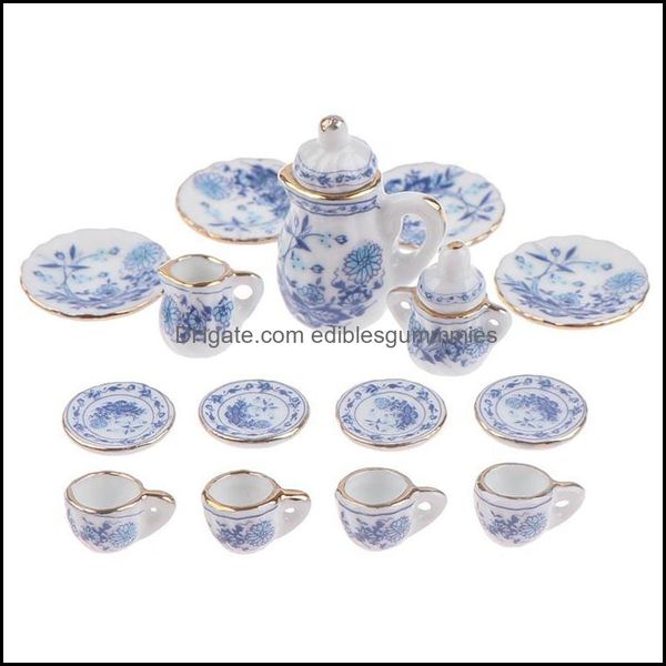 Dekoratif Nesneler Figürinler 15pcs 112 Dollhouse Minyatür Sofra Takımı Porselen Seramik Çay Kupası Set Bebek Ev Aksesuarları Bırakma Teslimat 2