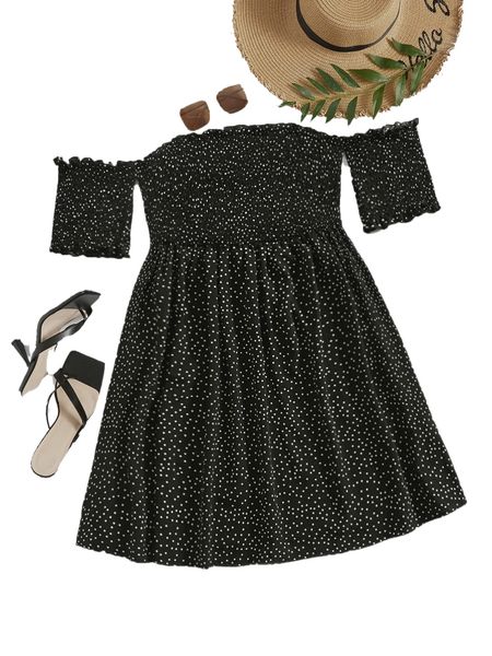 

plus polka dot print off shoulder shirred dress w10g#, Black