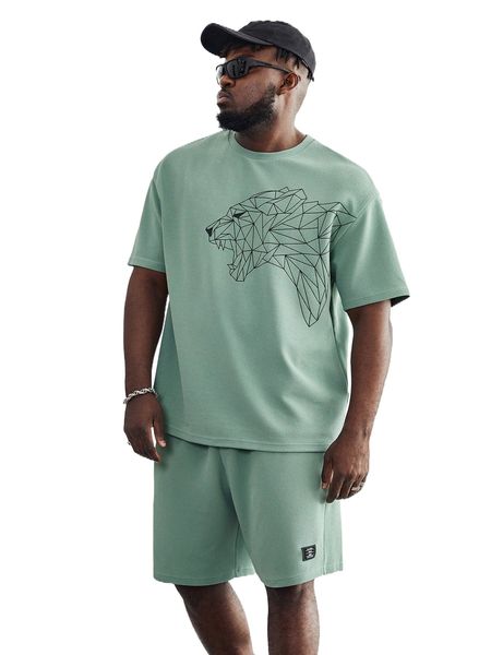 

extended sizes men lion print tee & letter graphic shorts s3bn#, Gray