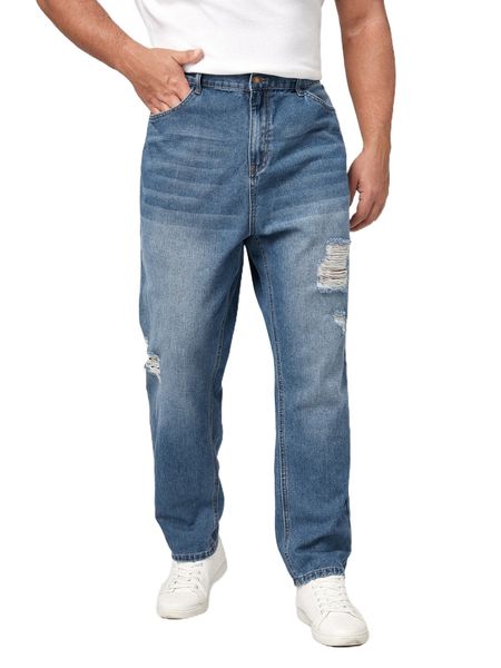 

extended sizes men ripped cat whisker straight leg jeans a5yi#, Blue