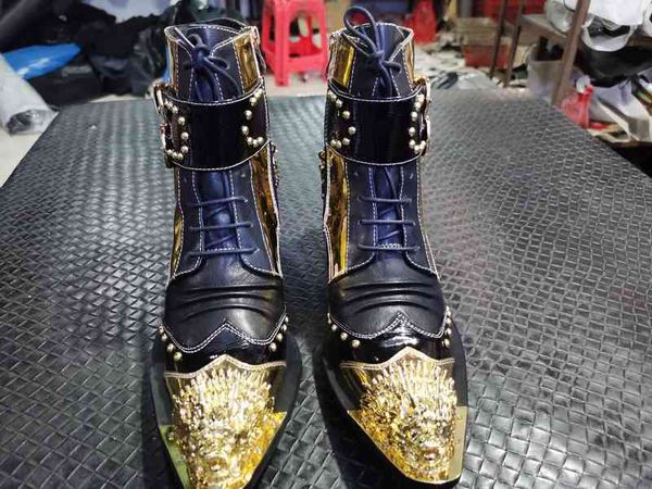 

boots leather cherting boots brand long men's leather fashion trend stitching gold chain, Black