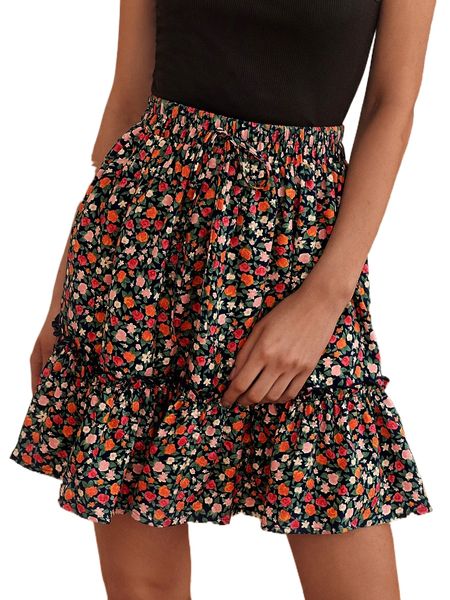 

floral print knot front ruffle hem skirt z7u4#, Black