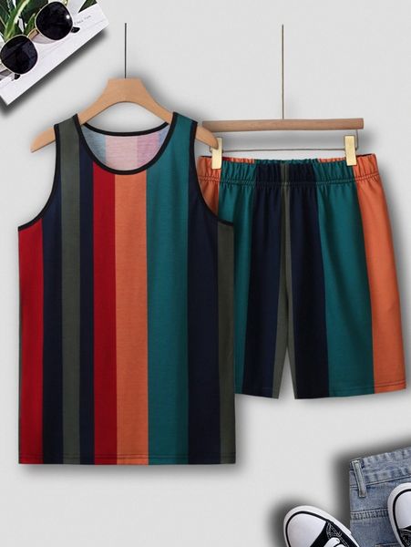 

men color block tank & shorts r6g4#, Gray