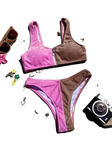 

color block zipper front bikini swimsuit l6gs#, White;black