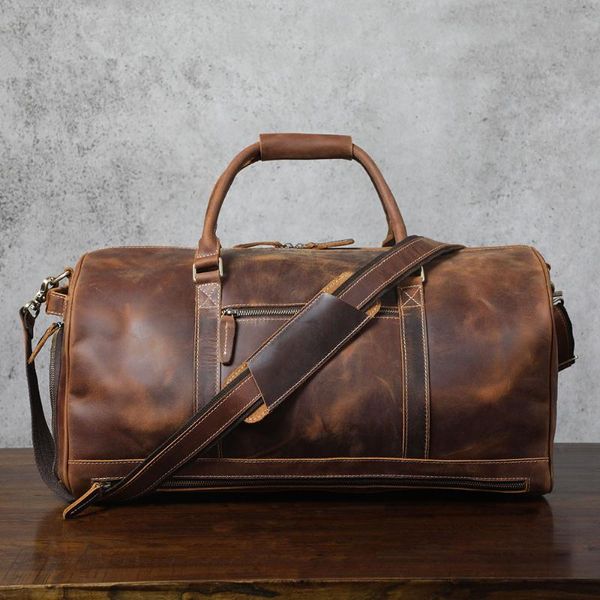Duffel Bags Men Men Vintage Travel-On Travel Bagage Full Grein Leather Weekend Fim de semana de grande capacidade durante a noite Bagduffel