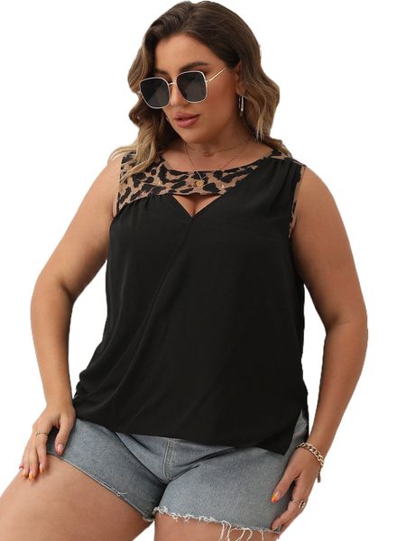 

plus leopard print cut out split hem blouse a401#, Black