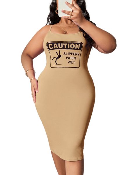 

sxy plus slogan & cartoon graphic cami dress x8i2#, Black
