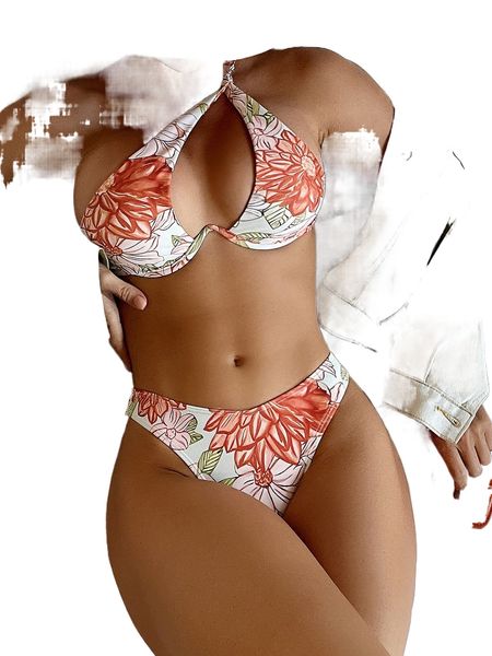 

floral cut-out push up bikini swimsuit w9ww#, White;black