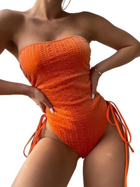 

drawstring side bandeau one piece swimsuit t0s2#, White;black