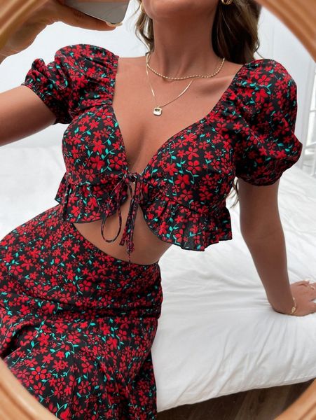 

allover floral print tie front v8er#, White