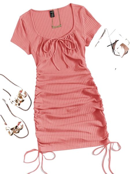 

ruched drawstring side bodycon dress e3os#, Black;gray