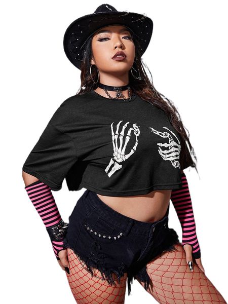 

plus skeleton print crop tee s7av#, Black