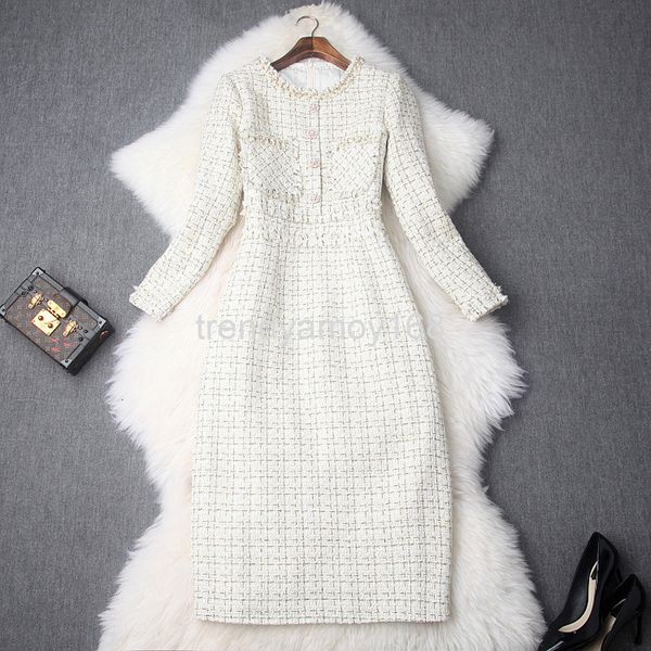 

casual dresses early autumn women's round neck nail bead tweed long sleeve medium and split temperament dress t9028, Black;gray