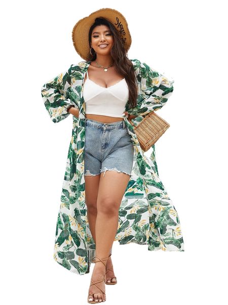 

plus tropical print open front kimono b8tv#, Black;gray