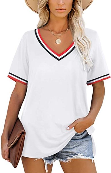 

women's t-shirt loose v-neck side slit short sleeve t-shirt, White