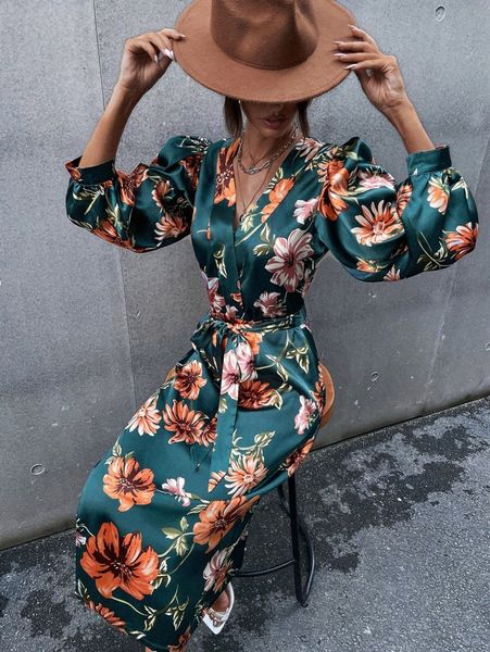 

satin floral print surplice front belted dress c4ge#, Black;gray