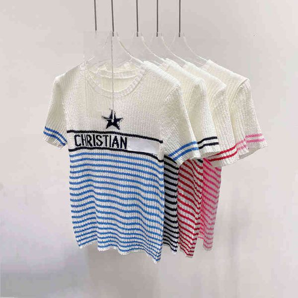 

women's sweaters summer five pointed star embroidered letter round neck contrast striped sweater t-shirt age reducing short sleeve t842, White;black
