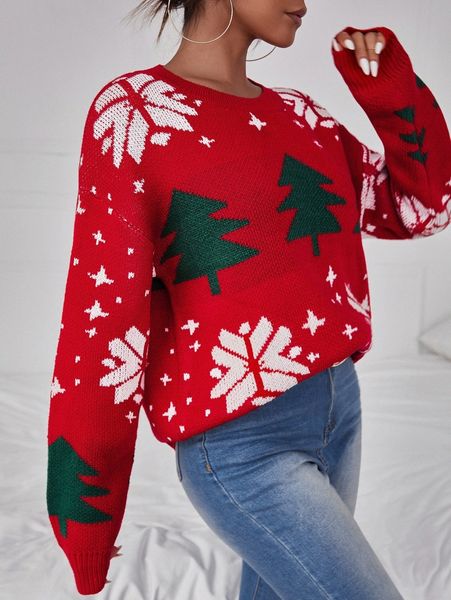 

drop shoulder christmas pattern sweater 5349#, White;black