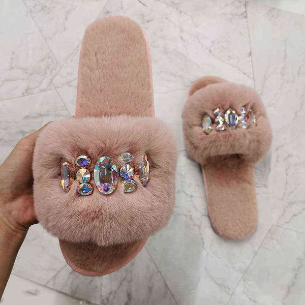 

winter fur slippers for home women indoor full furry soft fluffy plush platform flat slippers luxury designer slides house shoes y220621, Black