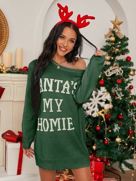 

christmas slogan graphic one shoulder sweater t09q#, White;black