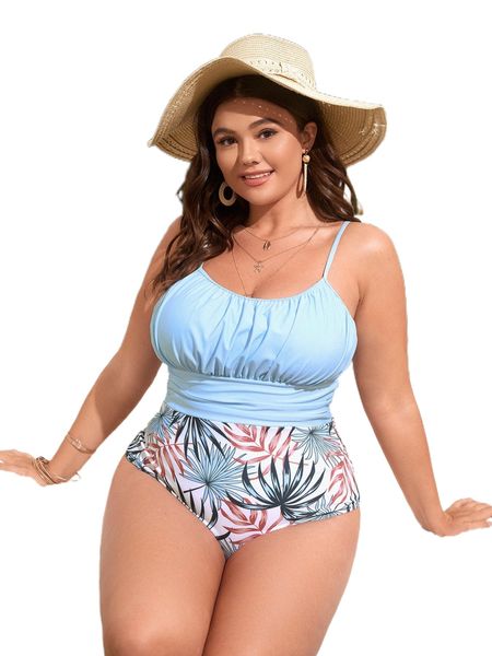 

plus tropical print ruched bust one piece swimsuit o6qr#, White;black