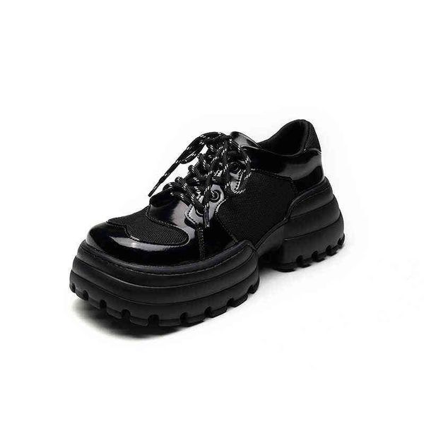 

dress shoes women small leather shoes creative splicing sports lace up sneakers college style platform loafers high heels 220326, Black