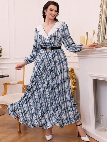 

plus tartan contrast collar belted dress 57bc#, Black