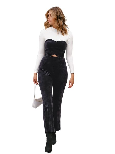 

colorblock mock neck slit hem crop & boot-cut leg pants s0dl#, White