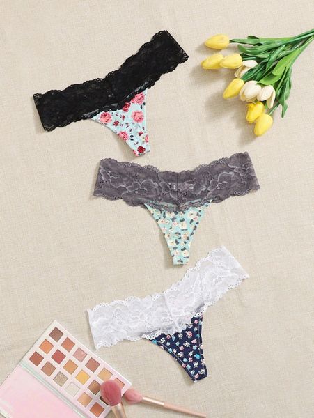

3pack floral contrast lace trim thong e5vm#, Black;red