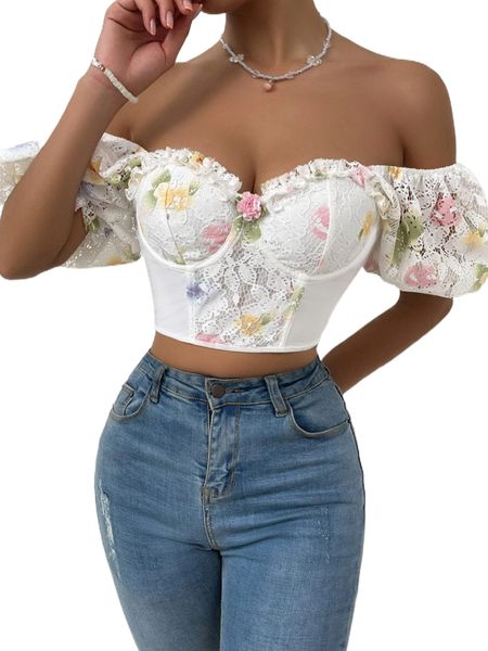 

sweetheart neck appliques puff sleeve crop lace blouse f1sx#, White