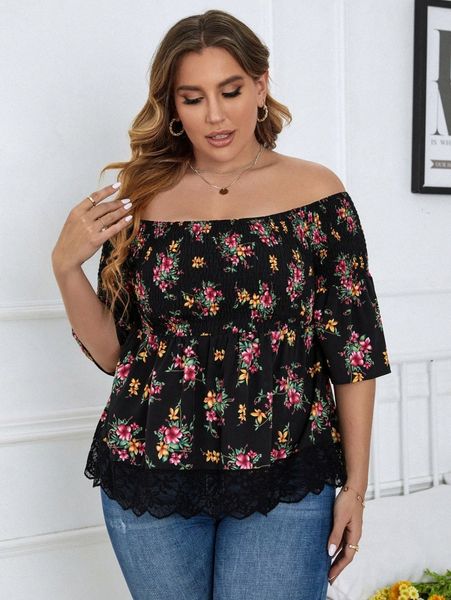 

plus floral print shirred contrast lace peplum blouse c1o8#, Black