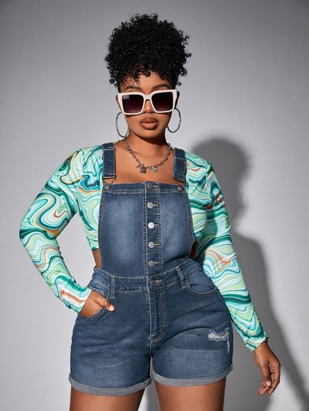 

plus bleach wash ripped frayed denim overall romper without tee s0re#, Black;white