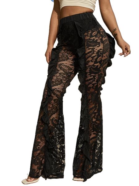 

high waist ruffle lace flare leg pants l3h6#, Black;white