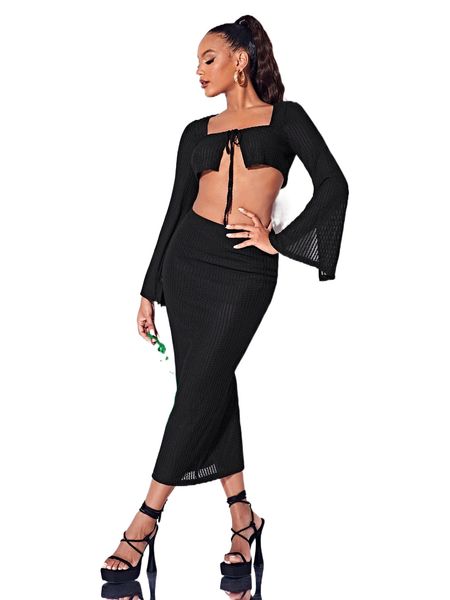 

bae ribbed knit crop & pencil skirt y8rh#, White