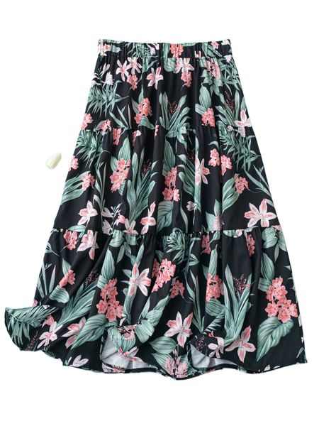 

plus floral print ruffle hem skirt k4vl#, Black