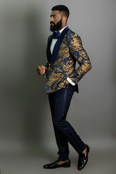 SZMANLIZI 3 Pezzi Abiti da Uomo Sposo da Sposa Scialle Risvolto Blu Navy Stampato Oro Jacquard Smoking Sottile Vestito da Promenade Degli Uomini Blazer306m