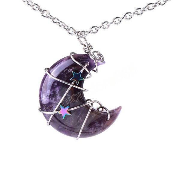 Natürlicher Kristall-Halbmond-Anhänger, handgefertigt, mit Draht umwickelt, Stern-Rosa-Quarz-Stein-Halskette, Geschenk für Frauen, Schmuck